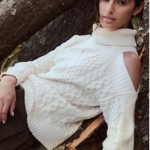 Anthropologie Cream Cable-Knit Cold-Shoulder Turtleneck Sweater